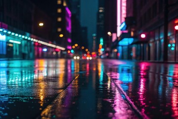 Colorful neon lights reflecting on wet city street at night. Urban nightlife and rain concept
