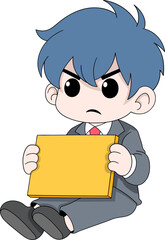Serious Cartoon Business Boy Holding Blank Sign