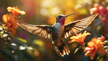 A vibrant hummingbird with iridescent blue and green feathers hovers mid-air