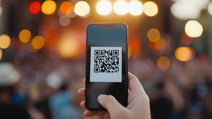 Close-up of QR code health pass on a phone being scanned at a summer music event