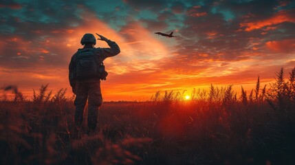 Solitary figure saluting sunrise