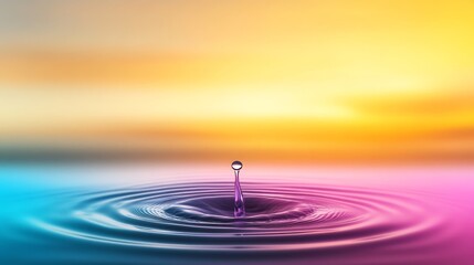 Water Drop Sunset Serenity - A single water drop creates vibrant ripples on a calm body of water, set against a stunning sunset backdrop