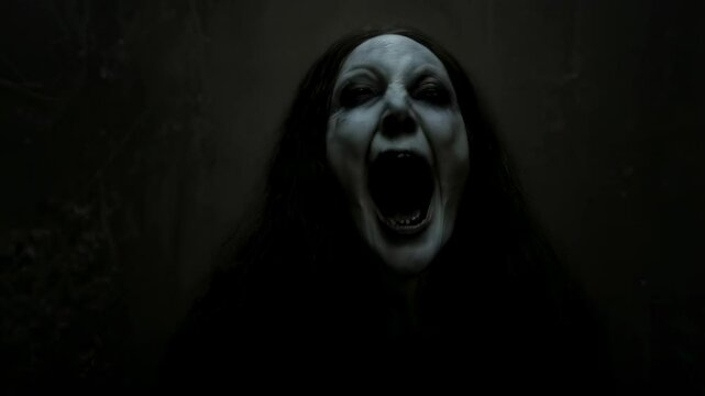 Creepy ghost jumpscare in dark forest: haunting figure emerges into nightmare