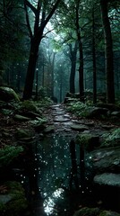 Obraz premium Tranquil Forest Pathway with Reflections and Soft Light in a Serene Natural Landscape