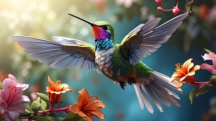 A vibrant hummingbird with iridescent blue and green feathers hovers mid-air