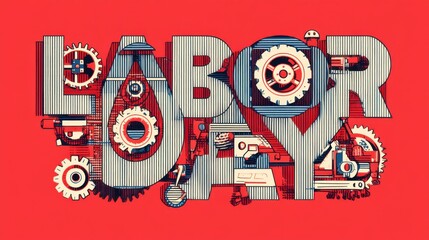 Celebratory Homage: A Geometric and Mechanical Rendering of Labor Day, Honoring Workers with Gears and Blueprints Against a Vibrant Red Backdrop.