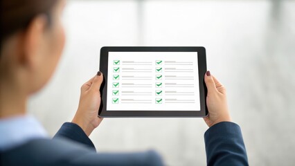 Woman holding a tablet displaying a checklist with checkmarks.