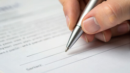 Hand writing on a blank document with a silver pen.