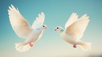 Obraz premium Two White Doves Flying Together Symbolizing Love, Unity, and Global Harmony