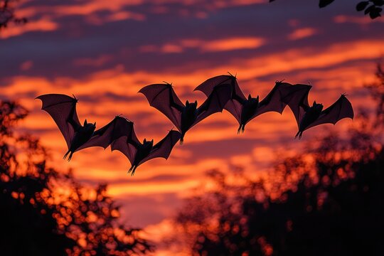 Group of bats in flight against sunset sky 