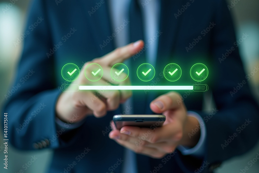 Poster online survey questionnaire with progress bar for compliance with regulations and service standards.
