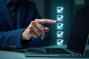 Businessman writing to tick correct mark in checklist with progressive loading status to remind work task progressive for project develop management and tracking concept.