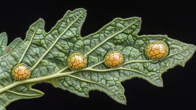 Close-up of galls on a plant leaf.