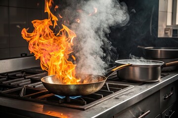 Dramatic view of a fiery cooking scene, with flames erupting from a pan on a kitchen stove.