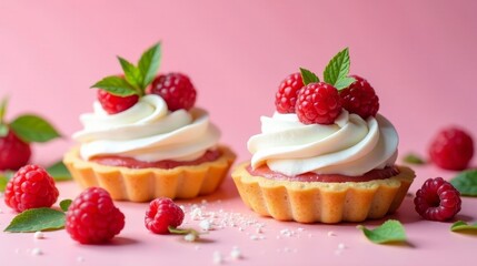 Delightful Raspberry Tarts with Creamy Topping and Fresh Mint Garnish on Pink Background