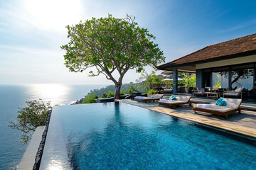 Obraz premium A luxurious seaside villa with an infinity pool overlooking the ocean, surrounded by lush greenery and featuring comfortable lounge chairs.