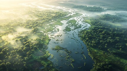 Aerial View of River Flowing Through Lush Green Forest with Mist