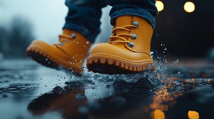 Child's yellow boots splashing in a puddle on a rainy day.