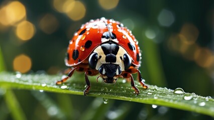 A close-up photo of a ladybug covered in water droplets on a grass blade during a rainfall