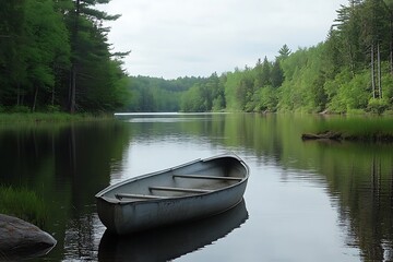 Tranquil Lake With Boat Surrounded By Lush Greenery And Calming Waterscape