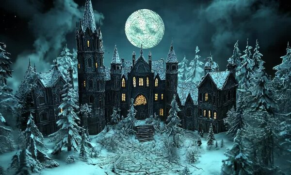 Snowy, haunted castle at night under a full moon.