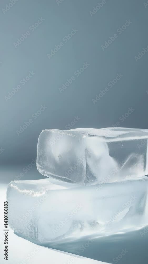 Poster Close-up shot of two ice cubes sitting on a table, with a simple background.