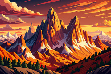 Beautiful landscape of Italian dolomites peak mountains at sunset time,  Simple cartoon design Flat style vector illustration