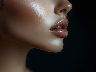 A close-up of a woman's face showcasing smooth skin and natural beauty under soft lighting, ideal for beauty and skincare themes.