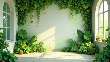 Naklejka premium Serene Indoor Oasis Lush Greenery and Golden Accents Adorn a Bright Room with Large Windows