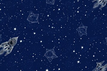 Naklejka premium Dark Blue Background with White Star and Rocket Drawings, Decorative Dots.