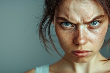 Portrait of a defiant girl isolated on a gray background