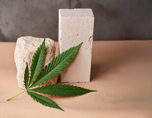 Hempcrete material - composition of hemp leaf and concrete block