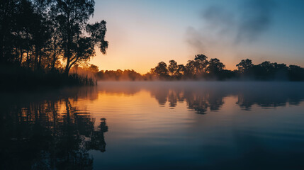 serene morning on lake with mist rising over water, surrounded by silhouetted trees against vibrant sunrise sky. tranquil scene evokes sense of peace and calm