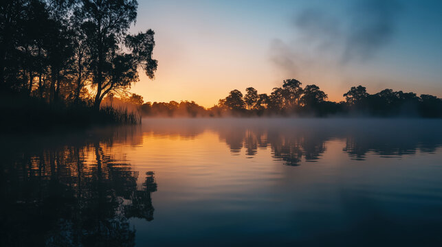 serene morning on lake with mist rising over water, surrounded by silhouetted trees against vibrant sunrise sky. tranquil scene evokes sense of peace and calm