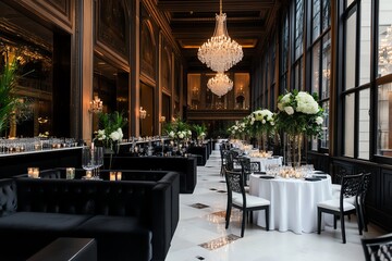 Luxury black tie event with chandeliers and formal dress code