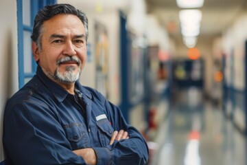 Obraz premium Portrait of a smiling American school janitor in elementary school