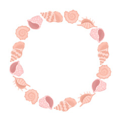 Obraz premium Round frame with hand drawn seashells in pink colors. Design element for for greeting card, invitation, decor