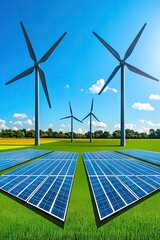 Obraz premium Green energy solar panels and wind turbines in a field