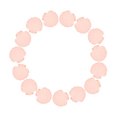 Round frame with hand drawn seashells in pink colors. Design element for for greeting card, invitation, decor