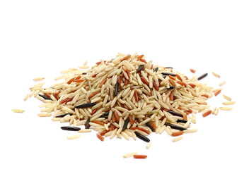 Wild mix rice, red, brown and basmati isolated on white, side view	