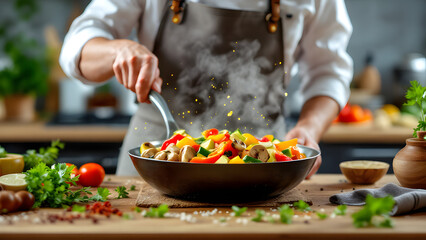 Chef tossing fresh vegetables in a pan for a healthy and delicious meal