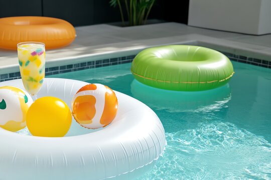 Pool party with floaties, DJ, and colorful cocktails