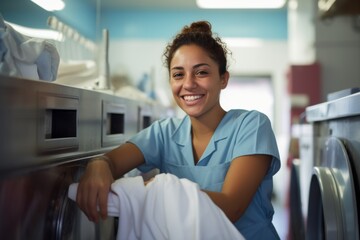 Portrait of a smiling Hispanic woman working at laundromat