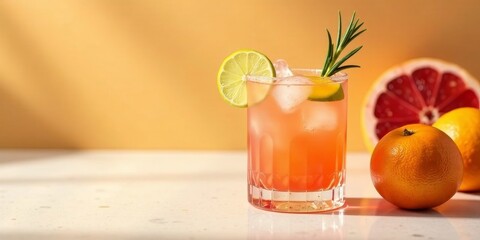 Fototapeta premium Refreshing citrus cocktail with ice, lime, and rosemary garnish on a bright surface