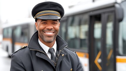 Proud Bus Driver Ready to Serve: A Portrait of Dedication and Professionalism on a Snowy Day