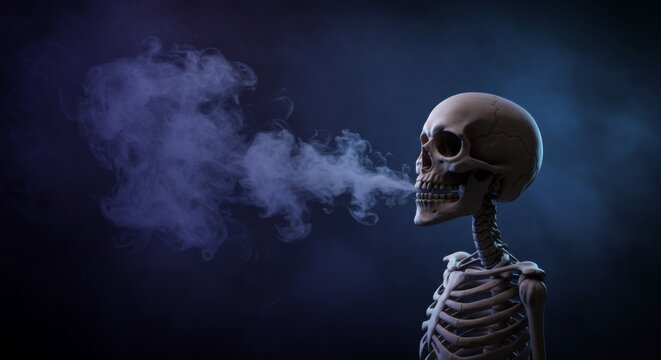 A haunting digital illustration featuring a human skeleton exhaling a swirling stream of smoke into a dark, misty atmosphere. The skeleton is highly detailed, lit with a cool blue-toned light that emp