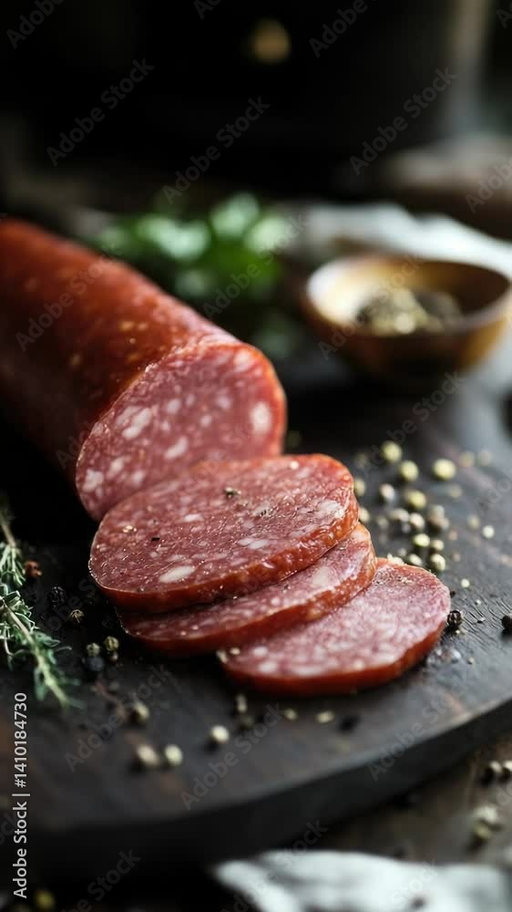Poster freshly sliced sausage served on a cutting board with herbs, perfect for cooking or serving as an ap