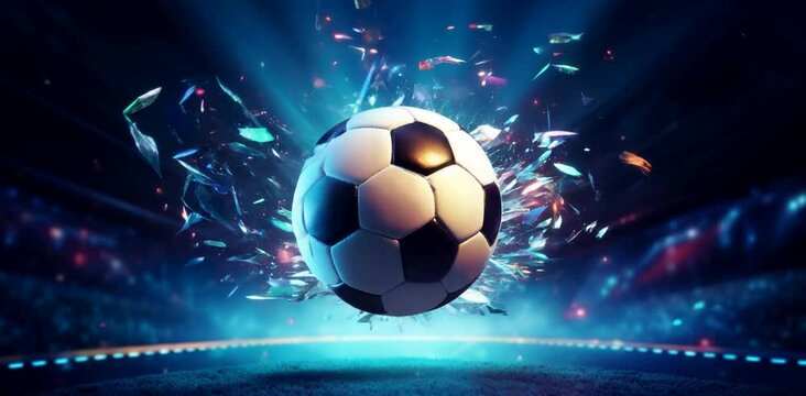 Advertising image of soccer game. Rotating ball with animated background.