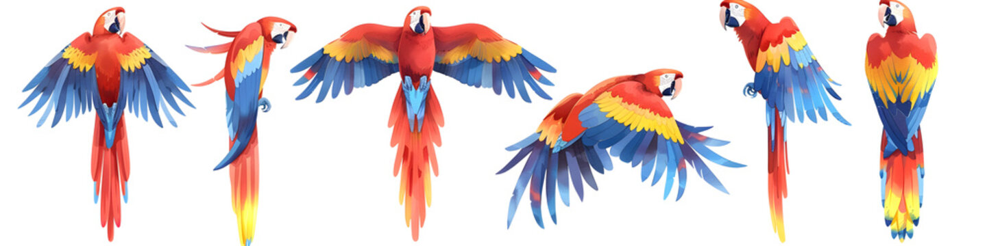 a set of watercolor parrots in different poses, flying and perched, vibrant red yellow and blue feathers, realistic parrot anatomy, isolated on white background