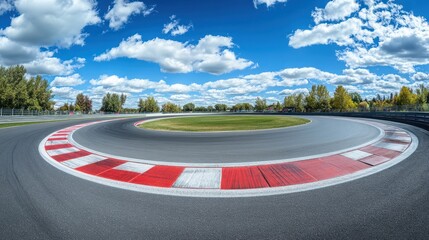 Wide, sweeping racing track curves under a vast, sunny sky.